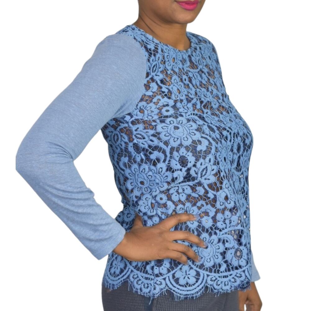 Sundance Ariadna Top Blue Lace Knit Sweater Scallop Hem Long Sleeves Size XS - Picture 6 of 14